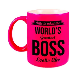 Bellatio Decorations What The Worlds Greatest Boss Looks Like Cadeau Mok / Beker 330 Ml - Neon Roze - Verjaardag / Bedankje - Cadeau Baas / Bazin