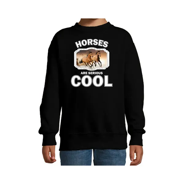 Bellatio Decorations Dieren Paarden Sweater Zwart Kinderen - Horses Are Serious Cool Trui Jongens/ Meisjes - Cadeau Bruin Paard/ Paarden Liefhebber - Kinderkleding / thumbnail