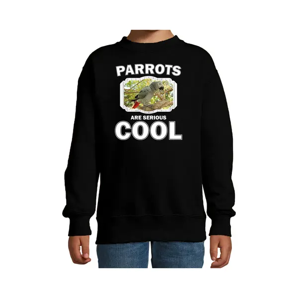 Bellatio Decorations Dieren Papegaaien Sweater Zwart Kinderen - Parrots Are Serious Cool Trui Jongens/ Meisjes - Cadeau Grijze Roodstaart Papegaai/ Papegaaien Liefhebber - thumbnail