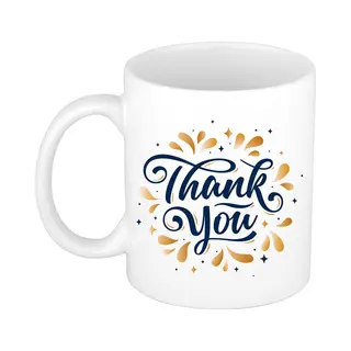 Bellatio Decorations Thank You Tekst Cadeau - Bedankje Koffie Mok / Drink Beker - Wit - 300 Ml - Keramiek - Kado