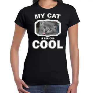 Bellatio Decorations Grijze Kat Katten T-shirt My Cat Is Serious Cool Zwart - Dames - Katten / Poezen Liefhebber Cadeau Shirt M