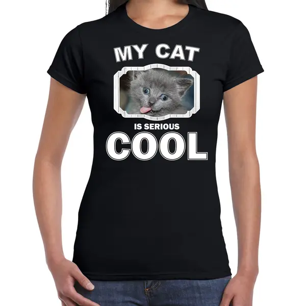 Bellatio Decorations Grijze Kat Katten T-shirt My Cat Is Serious Cool Zwart - Dames - Katten / Poezen Liefhebber Cadeau Shirt M thumbnail