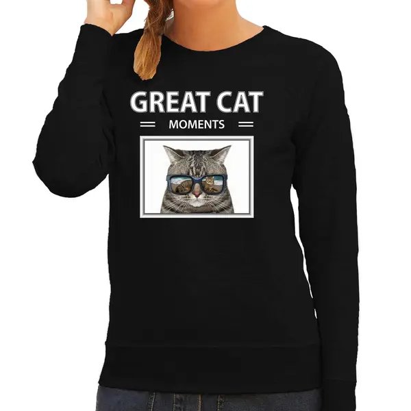 Bellatio Decorations Dieren Foto Sweater Grijze Kat - Zwart - Dames - Great Cat Mowoments - Cadeau Trui Katten Liefhebber Xs thumbnail