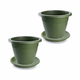 Forte Plastics 3x Stuks Bloempotten Met Onder Opvangschaal In Kleur Donkergroen - Rond Diameter 25 Cm - Plantenpotten/bakken