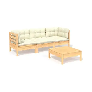 VidaXL - 4-delige - Loungeset - Met - Crèmekleurige - Kussens - Grenenhout