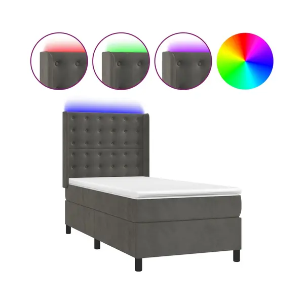 VidaXL Boxspringbett Mit Matratze & Led Dunkelgrau 100x200 Cm Samt thumbnail