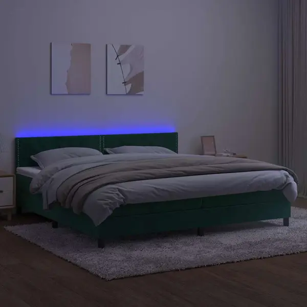 Vidaxl - Boxspringbett Mit Matratze & Led Dunkelgrün 200x200 Cm Samt thumbnail