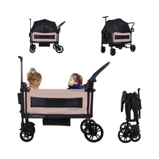 Cabino Waggie Bolderkar Opvouwbaar - 2 Zitjes - Inclusief Duwstang Trekbeugel Drinkbeker - Max. 44 Kg - Zwart/Taupe