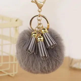 DW4Trading Pompom Sleutelhanger - Fluffy - Bolletje - Taupe / Grijs