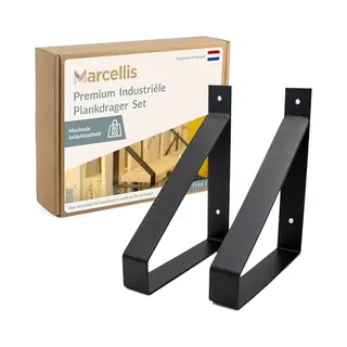 Marcellis - 2x Industriële Plankdrager - Voor Plank 20cm + Schroefset - Mat Zwart - Staal - T1