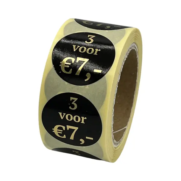 Practiquette Reclame Sticker - 3 Voor €7 Sticker - 250 Stuks - Rond 25mm - Korting Sticker - Promotie Sticker - Afprijs Sticker - Uitverkoop - Aanbieding - Goud thumbnail