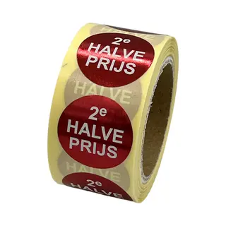 Practiquette 2e Halve Prijs Sticker - Reclame Sticker - 250 Stuks - Rond 25mm - Korting Sticker - Promotie Sticker - Afprijs Sticker - Uitverkoop - Aanbieding -