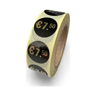 Practiquette Prijssticker €7, 50 - 500 Stuks Op Rol - Rond 20mm - Korting Sticker - Promotie Sticker - Afprijs Sticker - Uitverkoop - Aanbieding - Goud - Zwart -