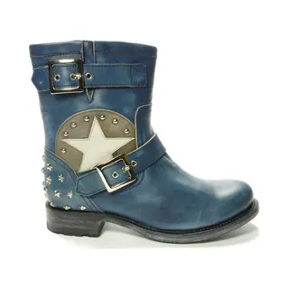 Sendra Boots 10796 Blauw Handgemaakt Goodyear Welted Fasion Biker Boots Ronde Neus Platte Hak Studs Anti Slip Zool Echt Leer Maat 36