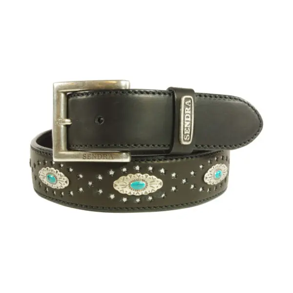 Sendra Boots Riem 1102 Zwart Dames Heren Riem Handgemaakt Uitgestanste Sterren Concho's Met Turquiose Verwisselbare Gesp Cowboy Western Ibiza Gipsy thumbnail