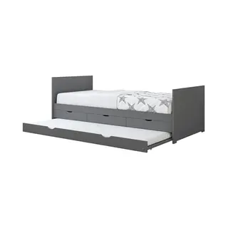 Sunny Eli Uitschuifbed Met 3 Laden, Van Hout, Grijs | Tweepersoonsbed Voor Kinderkamer - Hybride Matras 90 X 200 Inbegrepen | Totale Afmetingen, 206