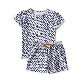 Little Label Pyjama Meisjes Maat 110-116 - Wit, Blauw - Zachte Bio Katoen - Shortama - 2-delige Zomer Pyama Meisjes - Hartjesprint