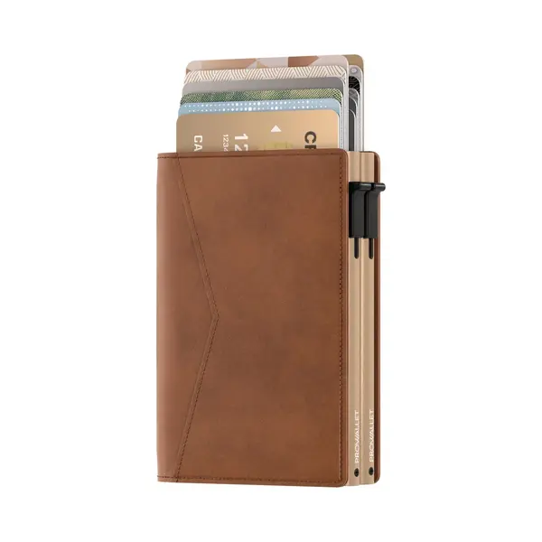 Prowallet Double - Cognac - Pasjeshouder Voor 14 Pasjes + Briefgeld - Rfid Creditcardhouder - Inclusief Luxe Cadeaubox - Uitschuifbaar - Mannen En thumbnail