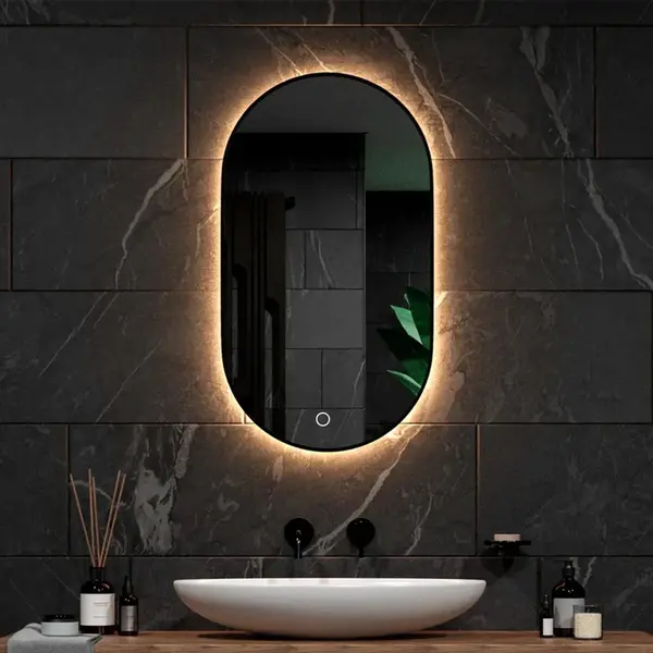 Mirlux Badezimmerspiegel - Mit Led-Beleuchtung & Heizung - Wandspiegel Oval - Anti-Kondensations-Duschspiegel - 90x50CM - Schwarz thumbnail