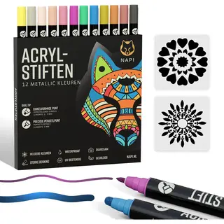 Napi 12 Metallic Acrylstiften Dual Tip - Twinmarkers - Verfstiften Happy Stones - Stenen Schilderen Met Acryl Verf Marker Stiften - Volwassenen En