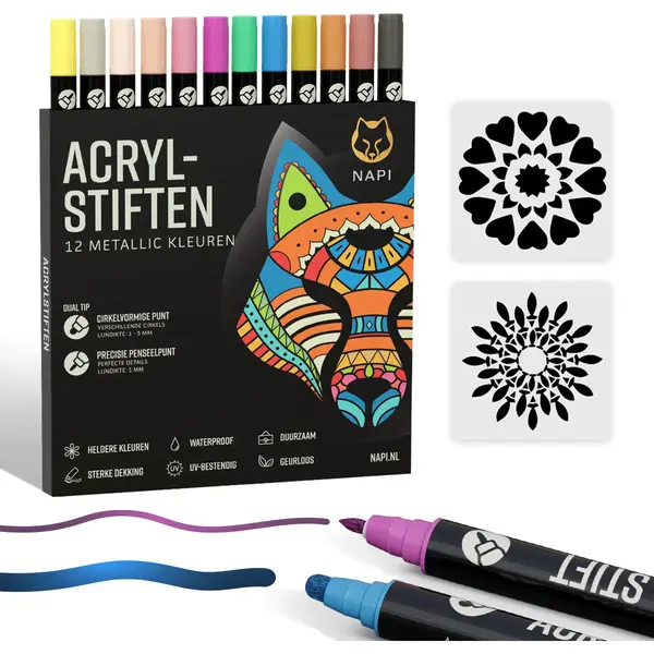 Napi 12 Metallic Acrylstiften Dual Tip - Twinmarkers - Verfstiften Happy Stones - Stenen Schilderen Met Acryl Verf Marker Stiften - Volwassenen En thumbnail