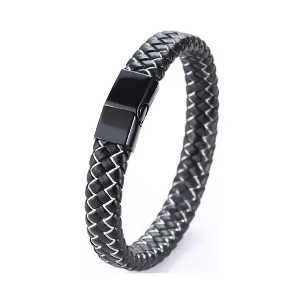 Malinsi® Armband Heren - Zwart Wit Effect - Rvs Sluiting En Gevlochten Leer - Armbandje Mannen 21 Cm thumbnail