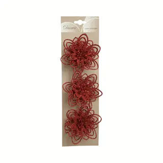 Decoris Kerstboomversiering Bloemen - 3x Stuks - 11 Cm - Rood Glitter - Op Clip - Ornament