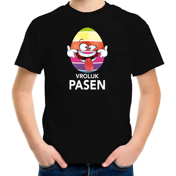 Bellatio Decorations Paasei Die Tong Uitsteekt Vrolijk Pasen T-shirt / Shirt - Zwart - Kinderen - Paas Kleding / Outfit 134/140 thumbnail