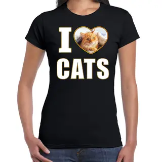 Bellatio Decorations I Love Cats T-shirt Met Dieren Foto Van Een Rode Kat Zwart Voor Dames - Cadeau Shirt Katten Liefhebber M