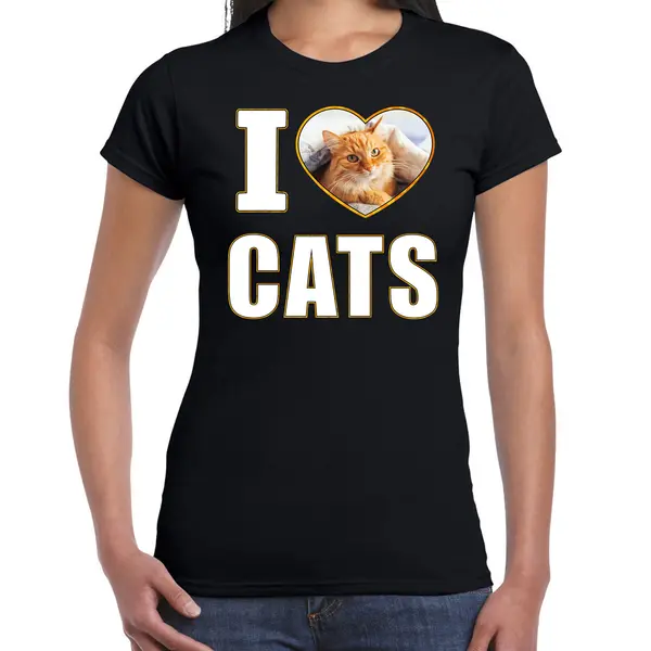 Bellatio Decorations I Love Cats T-shirt Met Dieren Foto Van Een Rode Kat Zwart Voor Dames - Cadeau Shirt Katten Liefhebber M thumbnail