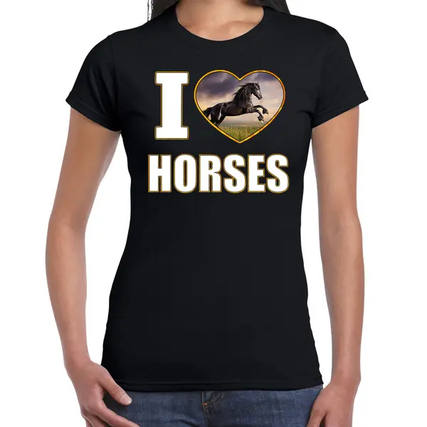 Bellatio Decorations I Love Horses T-shirt Met Dieren Foto Van Een Zwart Paard Zwart Voor Dames - Cadeau Shirt Paarden Liefhebber Xs thumbnail