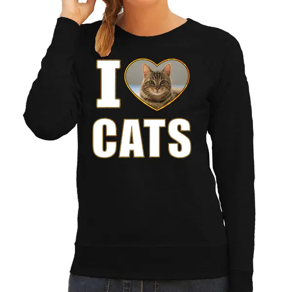 Bellatio Decorations I Love Cats Trui Met Dieren Foto Van Een Bruine Kat Zwart Voor Dames - Cadeau Sweater Katten Liefhebber S thumbnail