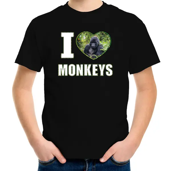 Bellatio Decorations I Love Monkeys T-shirt Met Dieren Foto Van Een Gorilla Aap Zwart Voor Kinderen - Cadeau Shirt Apen Liefhebber - Kinderkleding / Kleding 134/140 thumbnail