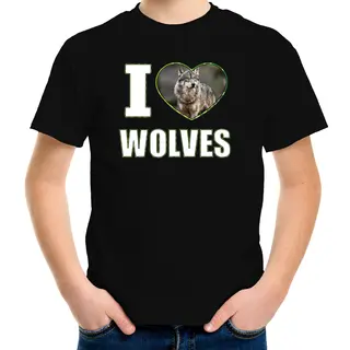 Bellatio Decorations I Love Wolves T-shirt - Met Dieren Foto - Van Een Wolf - Zwart - Voor Kinderen - Wolven Liefhebber - Kinderkleding / Kleding 110/116