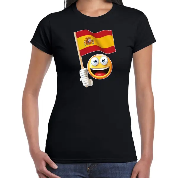 Bellatio Decorations Spanje Emoticon T-shirt Met Spaanse Vlag - Zwart - Dames - Spanje Fan / Supporter Shirt - Ek / Wk Xs thumbnail