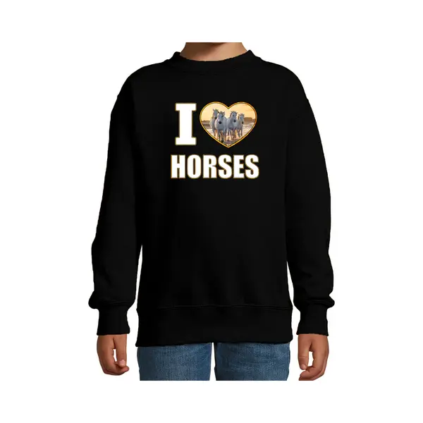 Bellatio Decorations I Love Horses Sweater Met Dieren Foto Van Een Wit Paard Zwart Voor Kinderen - Cadeau Trui Paarden Liefhebber - Kinderkleding / Kleding 122/128 thumbnail