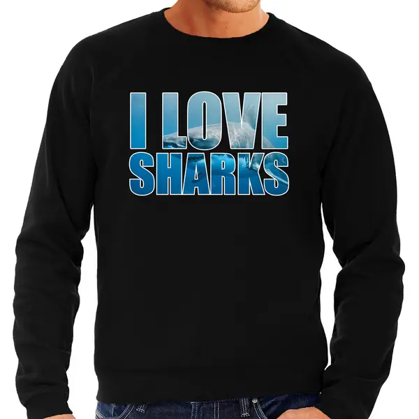 Bellatio Decorations Tekst Sweater I Love Sharks Met Dieren Foto Van Een Haai Zwart Voor Heren - Cadeau Trui Haaien Liefhebber Xl thumbnail