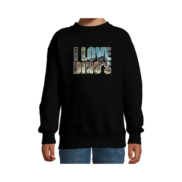 Bellatio Decorations Tekst Sweater I Love Dinosaurs Met Dieren Foto Van Een Dino Zwart Voor Kinderen - Cadeau Trui T-Rex Dinosauriers Liefhebber - Kinderkleding / Kleding thumbnail