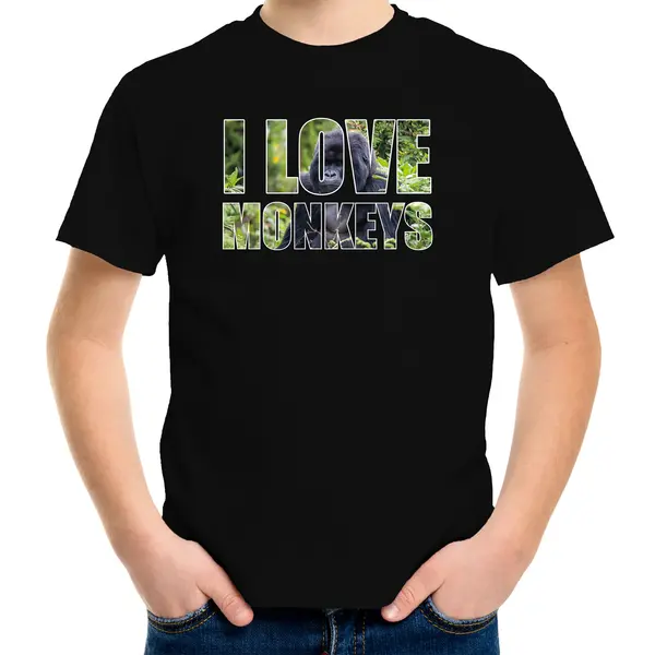 Bellatio Decorations Tekst Shirt I Love Monkeys Met Dieren Foto Van Een Gorilla Aap Zwart Voor Kinderen - Cadeau T-shirt Apen Liefhebber - Kinderkleding / Kleding 146/152 thumbnail