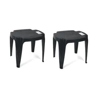 Gerimport Set Van 2x Stuks Kunststof Bijzettafels/krukjes/voetenbankjes Voor In De Tuin - Zwart - 42 X 37 X 38 Cm