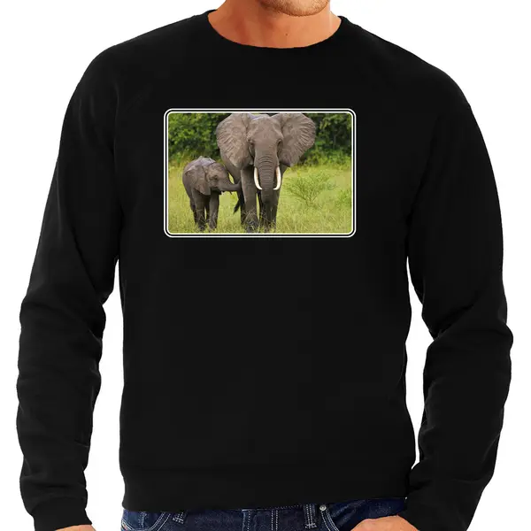 Bellatio Decorations Dieren Sweater Olifanten Foto - Zwart - Heren - Natuur / Olifant Cadeau Trui - Afrikaanse Dieren Kleding / Sweat Shirt Xxl thumbnail