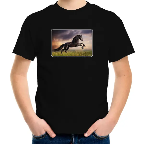 Bellatio Decorations Dieren Shirt Met Paarden Foto - Zwart - Voor Kinderen - Natuur / Paard Cadeau T-shirt 146/152 thumbnail