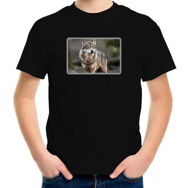 Bellatio Decorations Dieren Shirt Met Wolven Foto - Zwart - Voor Kinderen - Natuur / Wolf Cadeau T-shirt 110/116 thumbnail
