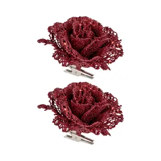 Cosy&Trendy Kerstboomversiering Bloemen - 6x - 10 Cm - Rood Glitter - Op Clip - Ornament