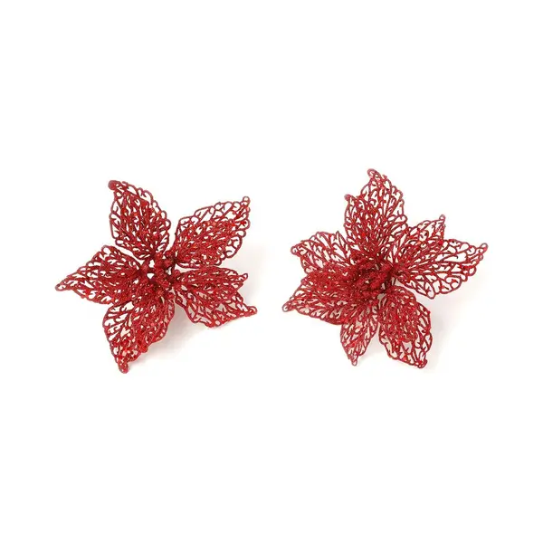 Inge-glas 4x Stuks Decoratie Kerstster Bloemen Rood Glitter Op Clip 18 Cm - Decoratiebloemen/kerstboomversiering/kerstversiering thumbnail