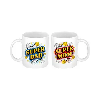 Bellatio Decorations Super Dad En Mom Cartoon Mok - Cadeau Beker Set Voor Papa En Mama - Moederdag En Vaderdag Cadeautje