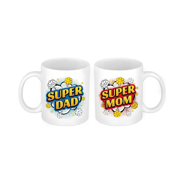 Bellatio Decorations Super Dad En Mom Cartoon Mok - Cadeau Beker Set Voor Papa En Mama - Moederdag En Vaderdag Cadeautje thumbnail