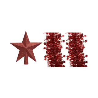 Decoris Set Van Een Kerst Ster Piek En 2x Stuks Kerstslingers Rood 270 X 10 Cm - Kerstversiering