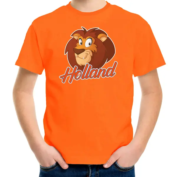 Bellatio Decorations Oranje Fan T-shirt Voor Kinderen - Holland Met Cartoon Leeuw - Nederland Supporter - Koningsdag / Ek / Wk Shirt / Outfit 134/140 thumbnail
