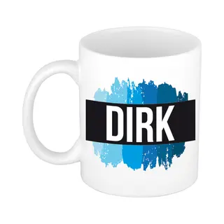 Bellatio Decorations Dirk Naam Cadeau Koffie Mok - Beker - Met Blauw Verfstrepen - Cadeau Collega - Vaderdag - Verjaardag - Meester - Coach - 300 Ml - Wit